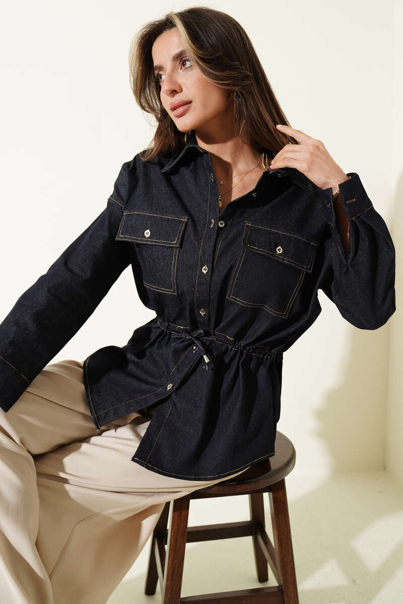 Oversized Shirt with Drawstring Waist - Blue