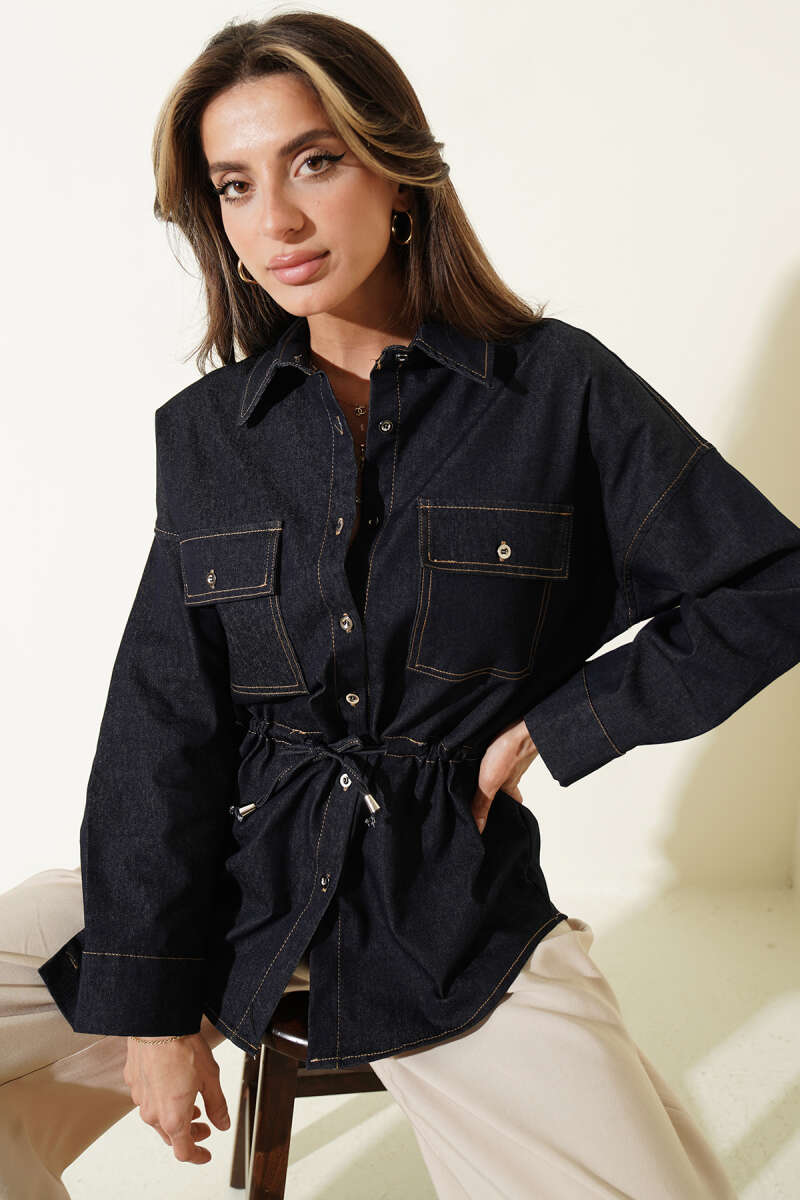 Oversized Shirt with Drawstring Waist - Blue
