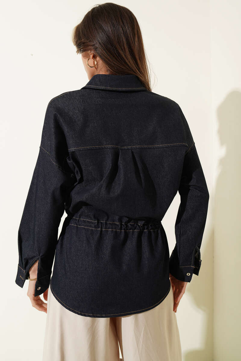 Oversized Shirt with Drawstring Waist - Blue