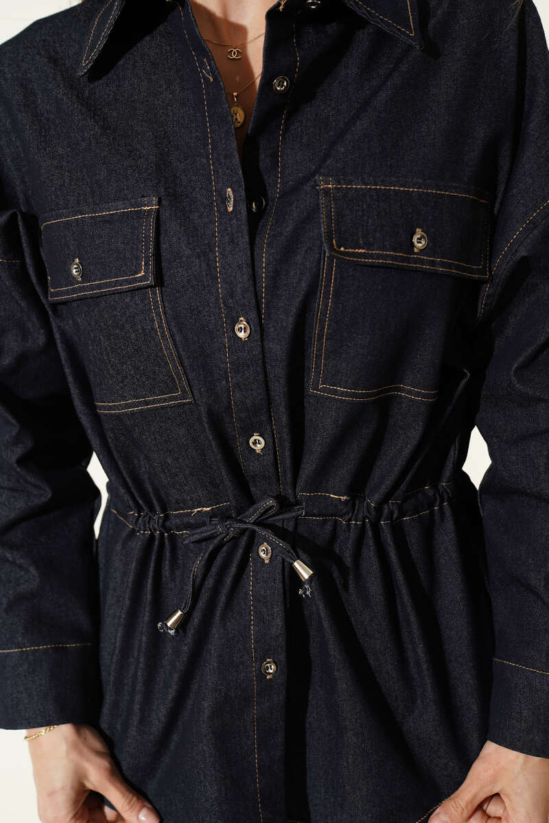 Oversized Shirt with Drawstring Waist - Blue