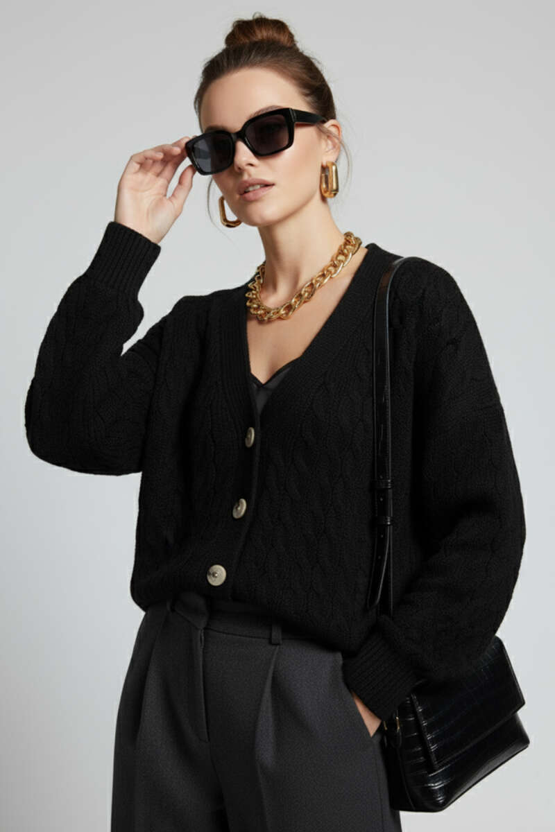 Oversized Knit Cardigan with Pockets - Black