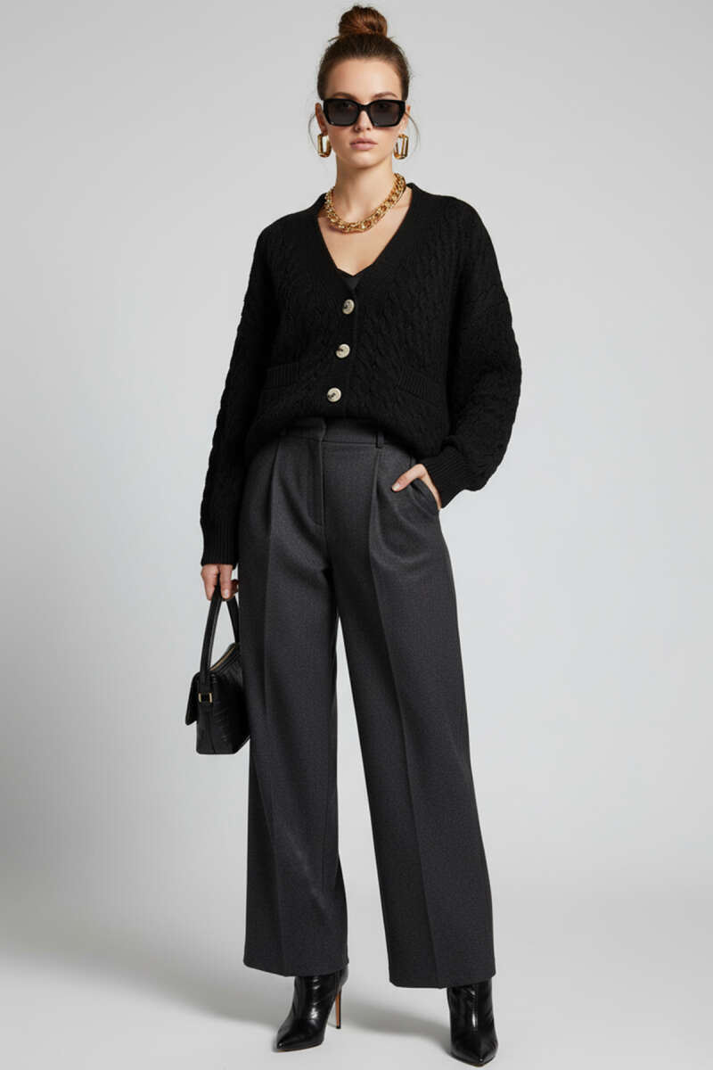 Oversized Knit Cardigan with Pockets - Black