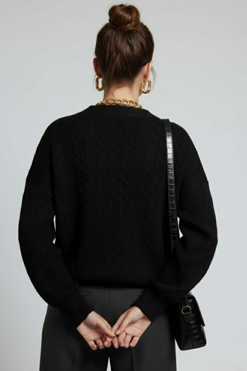Oversized Knit Cardigan with Pockets - Black