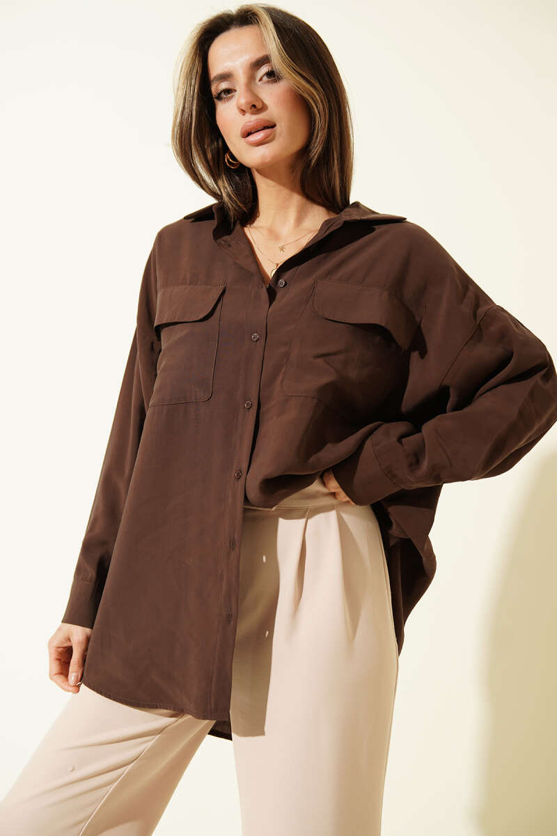 Oversized Modal Shirt with Two Pockets - Brown