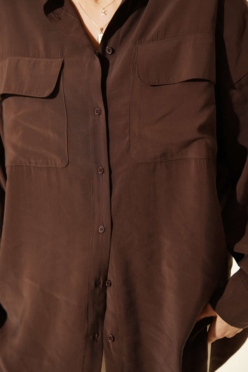 Oversized Modal Shirt with Two Pockets - Brown