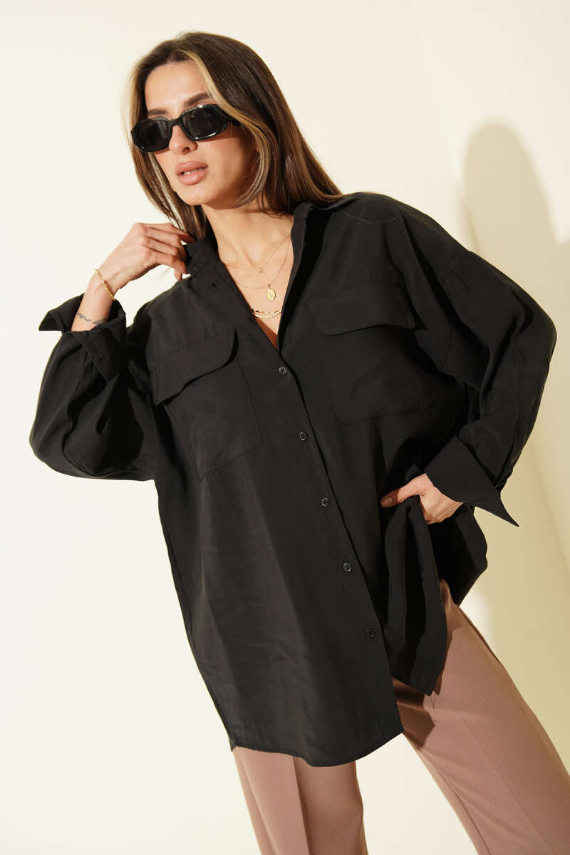 Oversized Modal Shirt with Two Pockets - Black