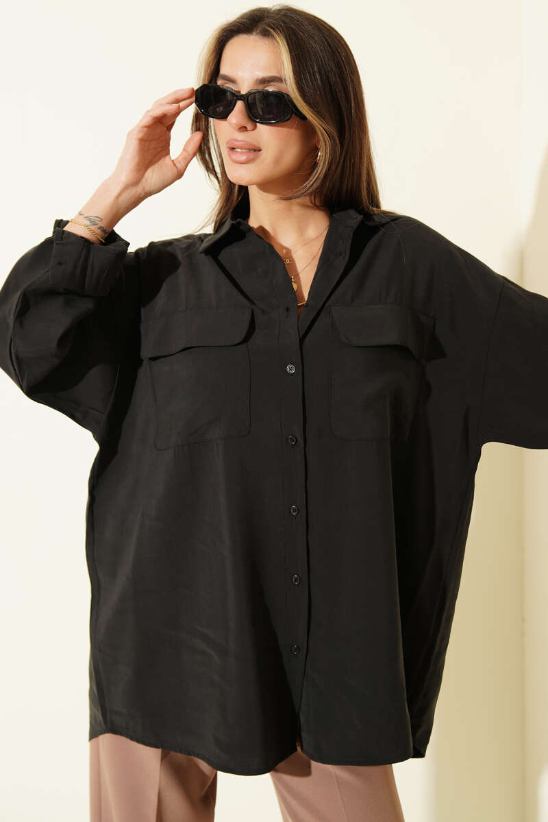Oversized Modal Shirt with Two Pockets - Black