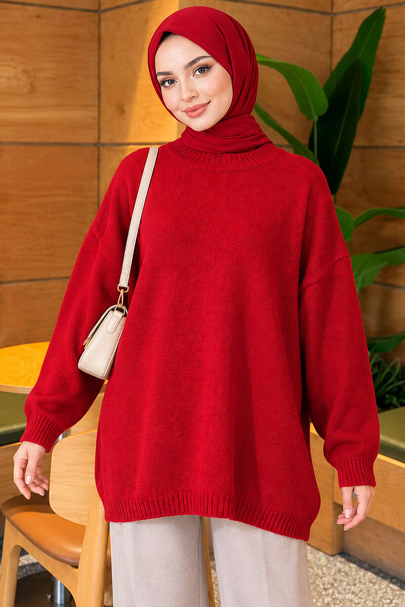 Oversized Drop-Shoulder Knit Tunic - Red