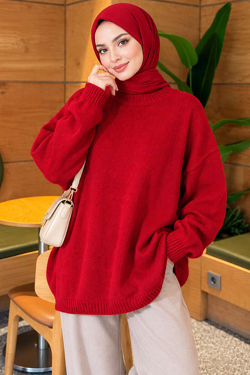 Oversized Drop-Shoulder Knit Tunic - Red
