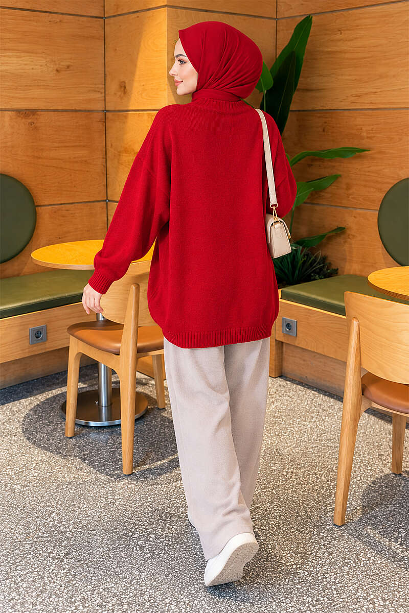 Oversized Drop-Shoulder Knit Tunic - Red