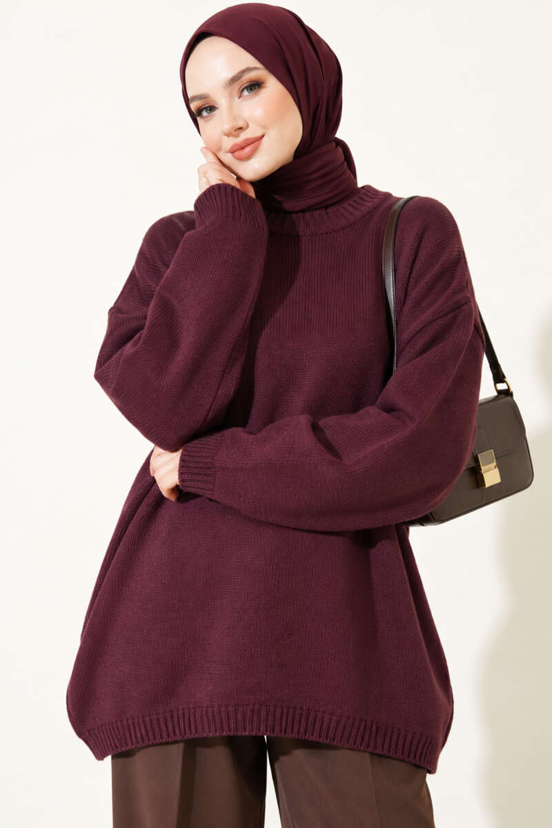Oversized Drop-Shoulder Knit Tunic - Plum