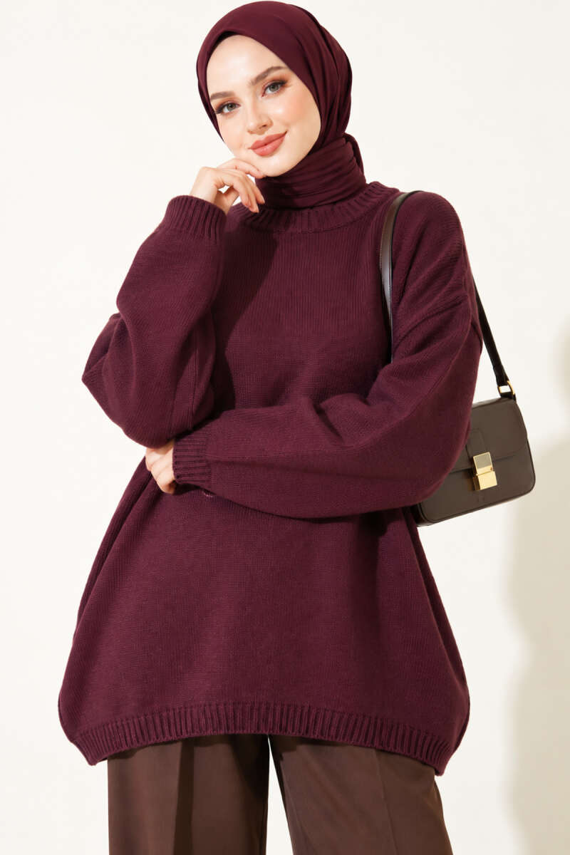 Oversized Drop-Shoulder Knit Tunic - Plum