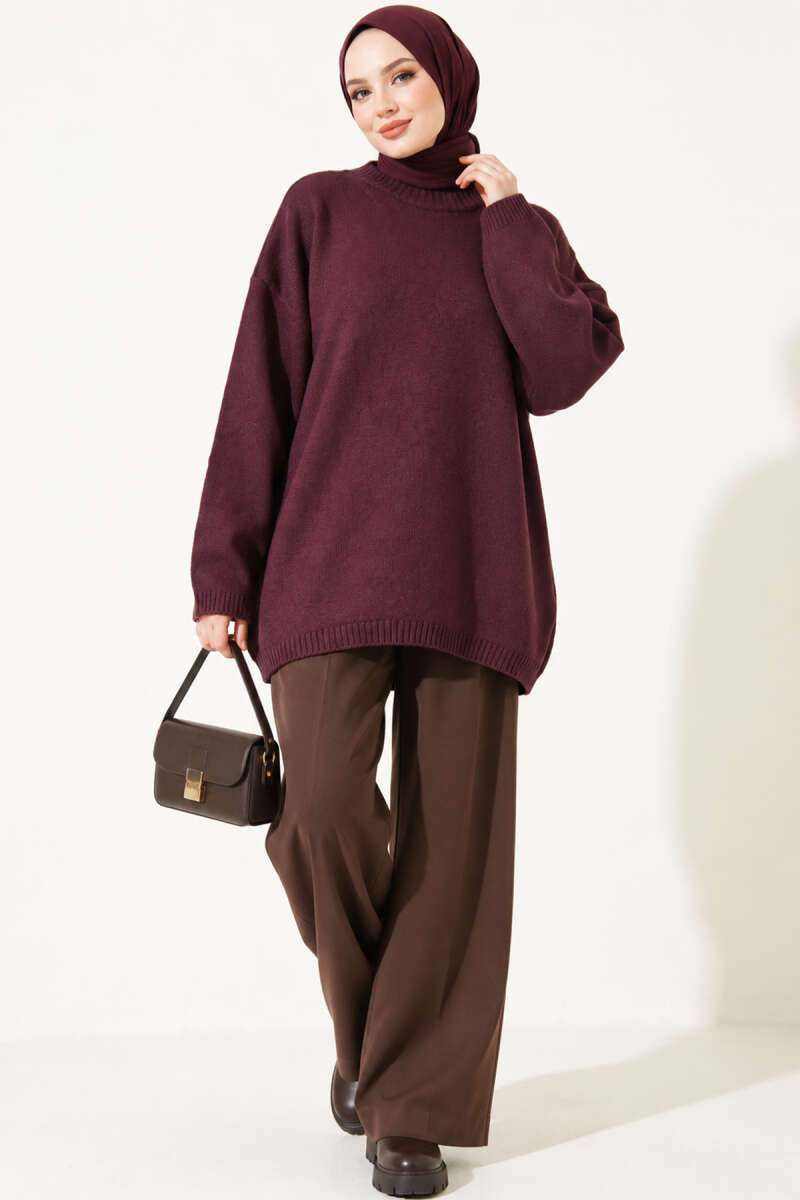 Oversized Drop-Shoulder Knit Tunic - Plum