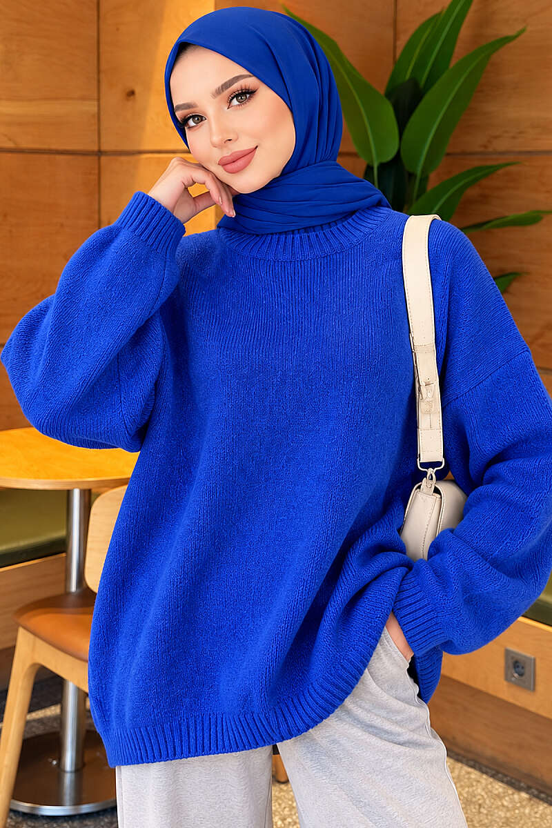 Oversized Drop-Shoulder Knit Tunic - Saxe Blue