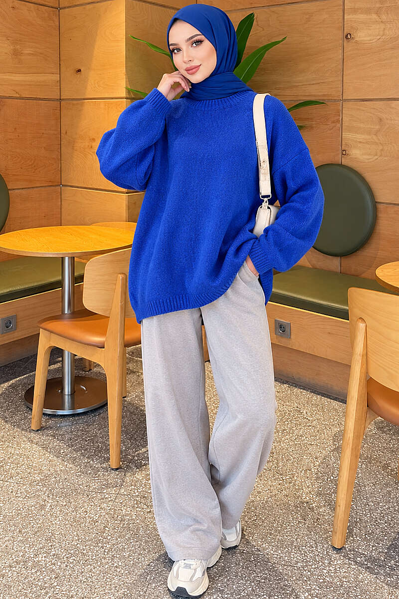 Oversized Drop-Shoulder Knit Tunic - Saxe Blue