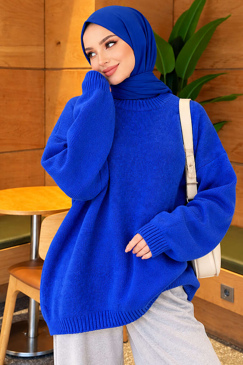 Oversized Drop-Shoulder Knit Tunic - Saxe Blue