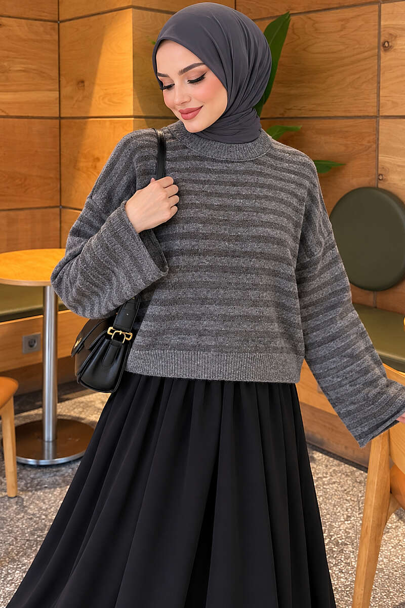 Oversized Pinstripe Knit Sweater - Charcoal