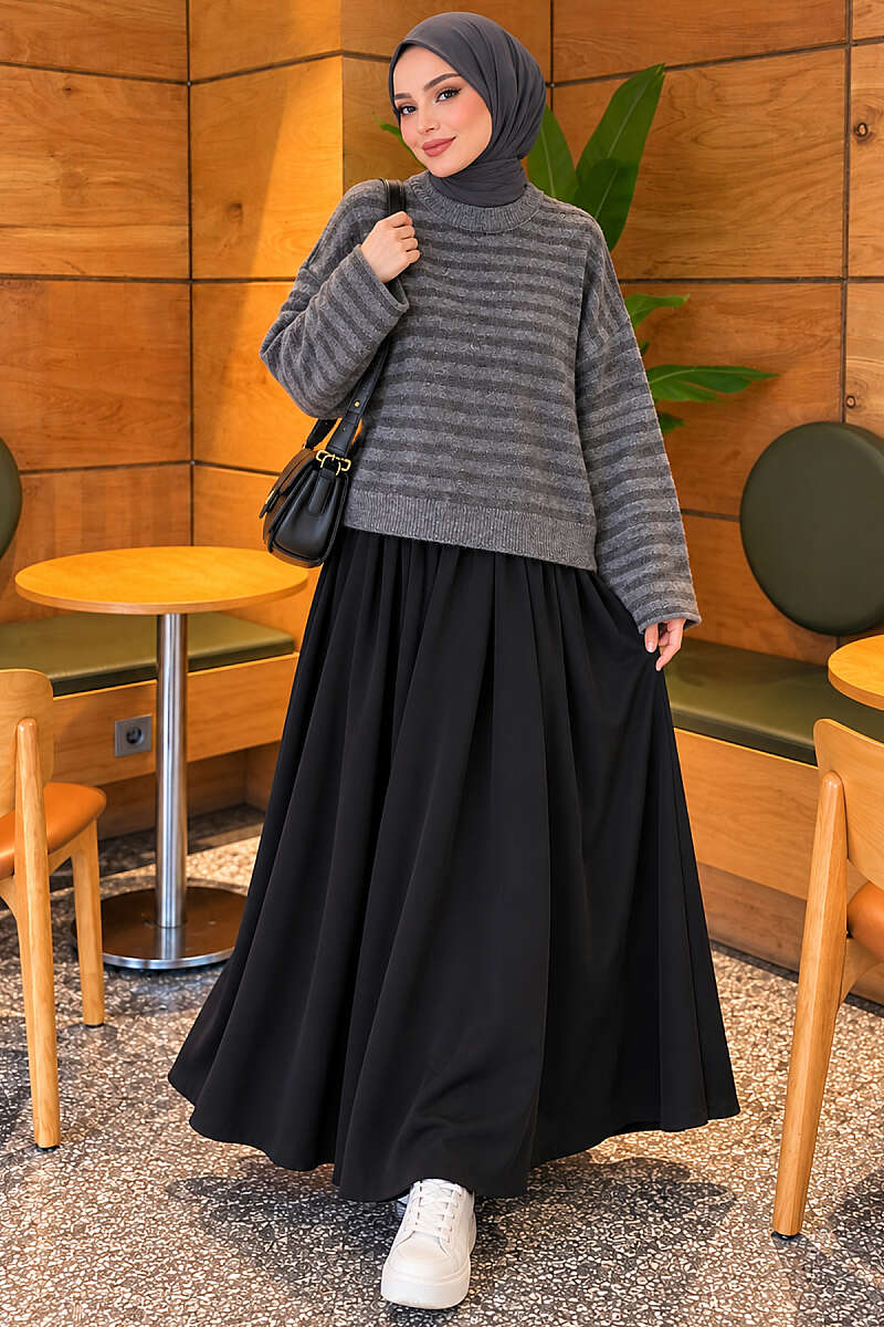 Oversized Pinstripe Knit Sweater - Charcoal