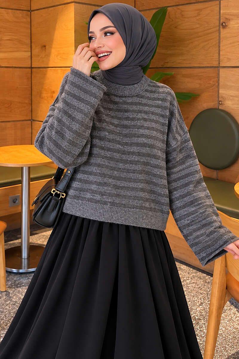 Oversized Pinstripe Knit Sweater - Charcoal