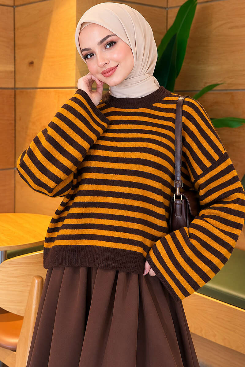 Oversized Pinstripe Knit Sweater - Mustard