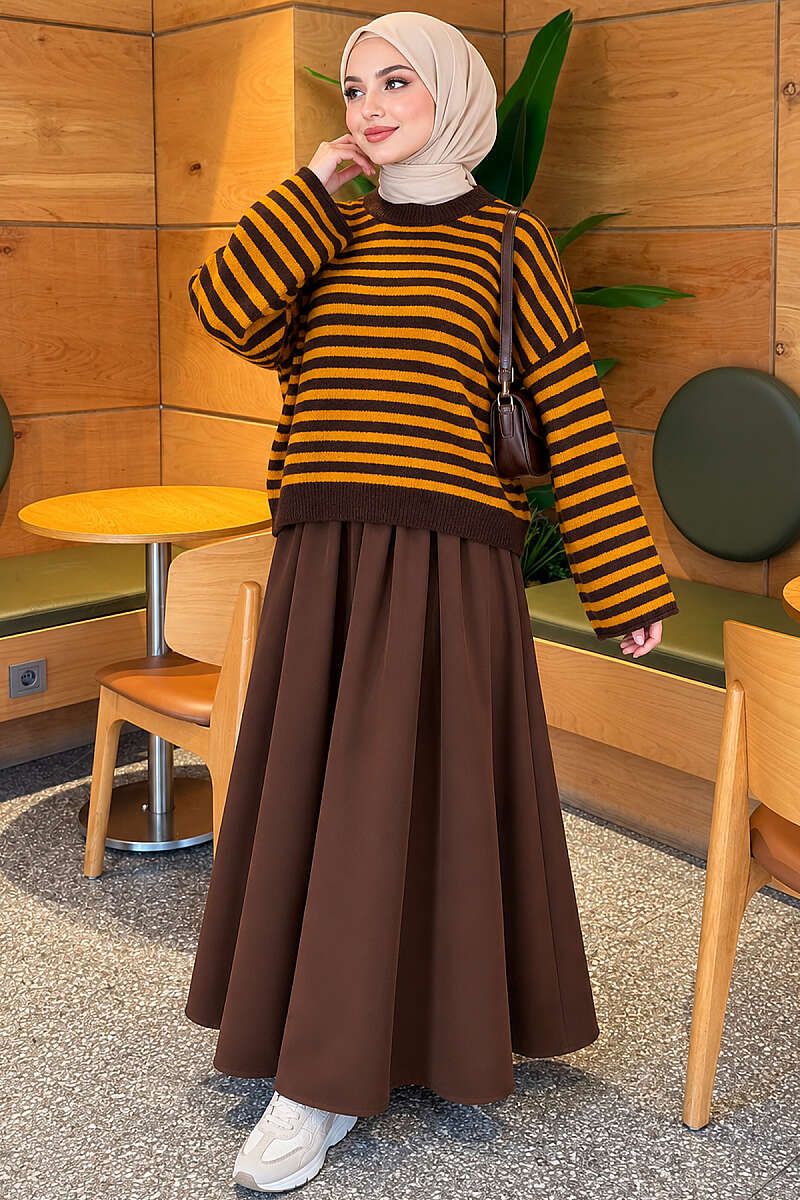 Oversized Pinstripe Knit Sweater - Mustard
