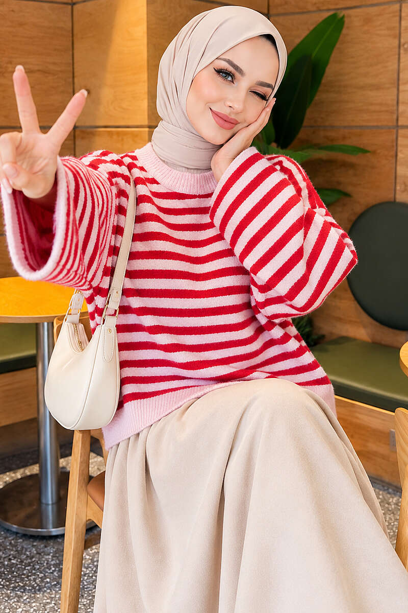 Oversized Pinstripe Knit Sweater - Pink