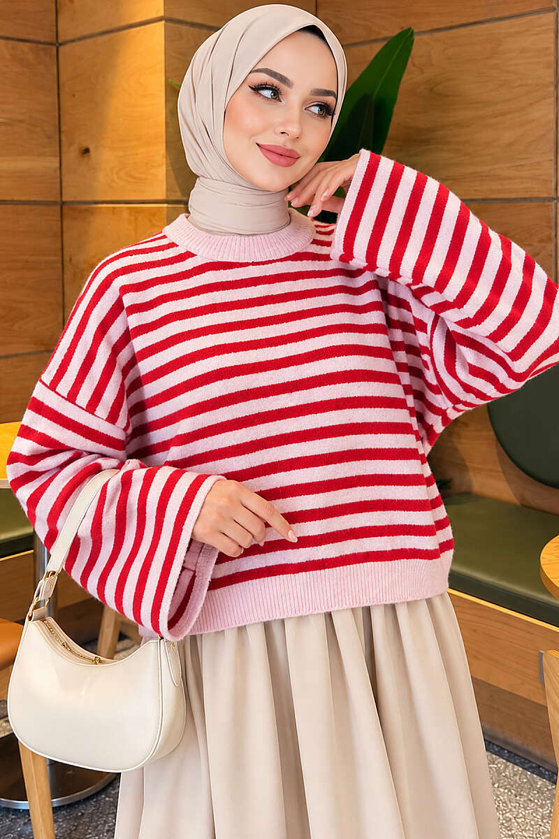 Oversized Pinstripe Knit Sweater - Pink