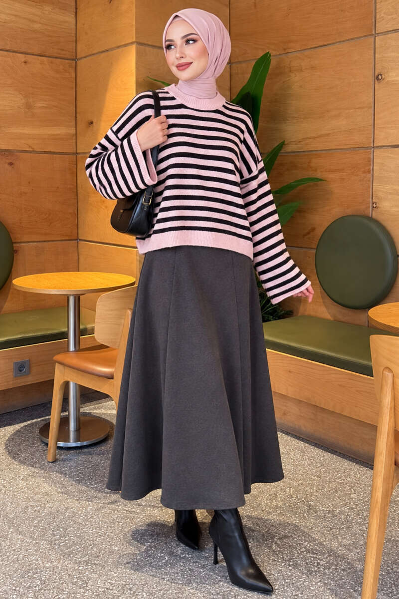 Oversized Pinstripe Knit Sweater - Black