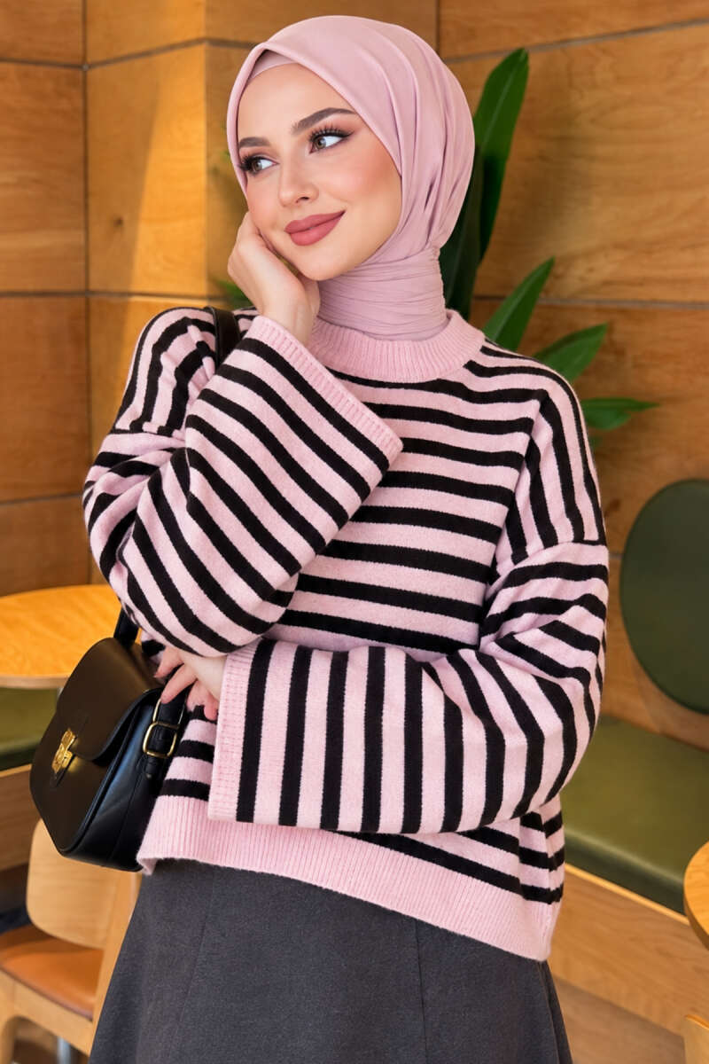 Oversized Pinstripe Knit Sweater - Black
