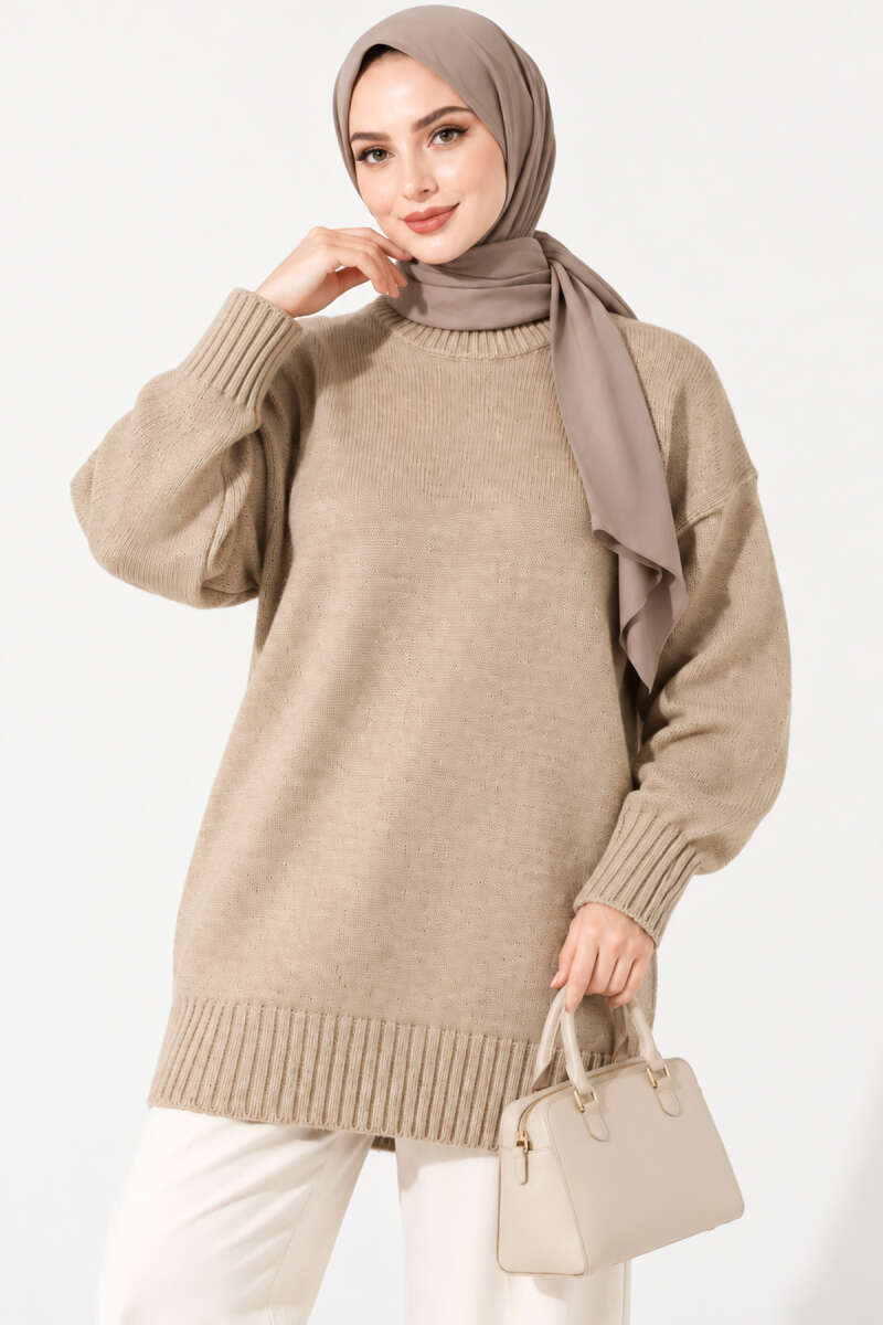 Oversized Ribbed Knit Tunic - Beige