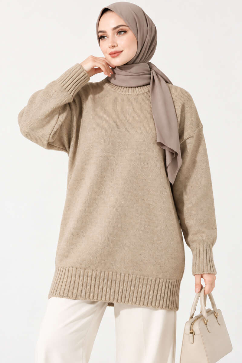 Oversized Ribbed Knit Tunic - Beige