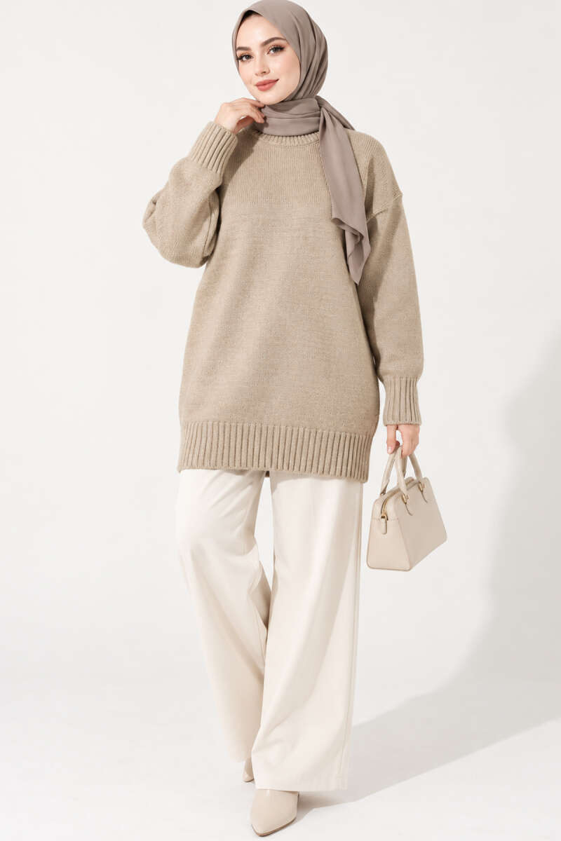 Oversized Ribbed Knit Tunic - Beige