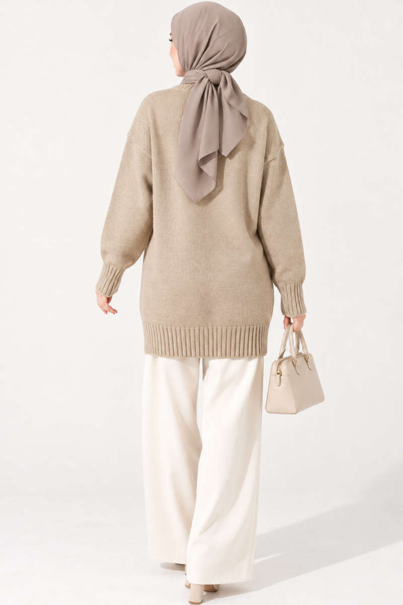 Oversized Ribbed Knit Tunic - Beige