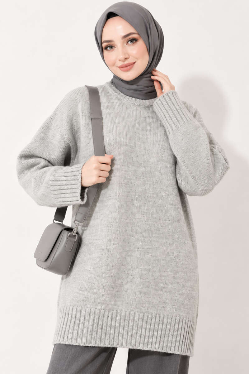 Oversized Ribbed Knit Tunic - Grey