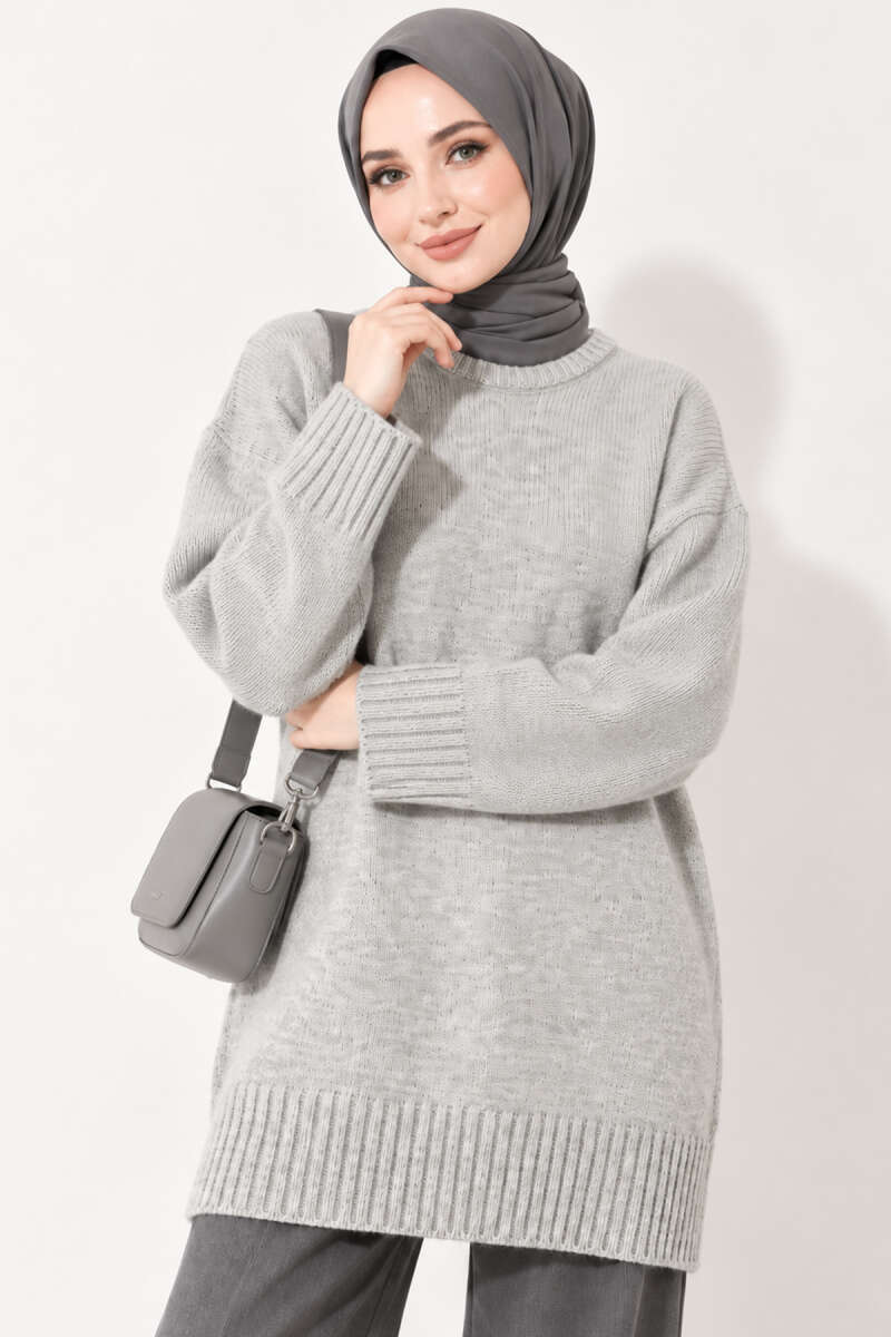 Oversized Ribbed Knit Tunic - Grey