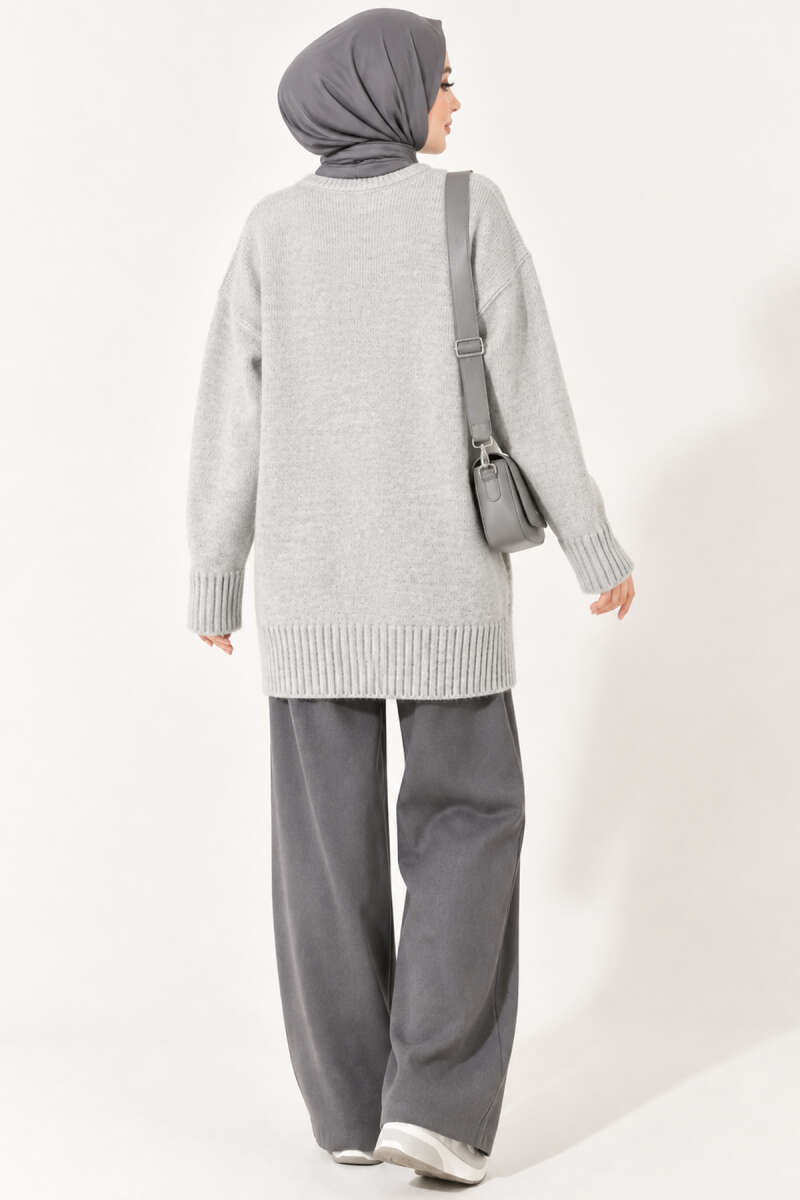 Oversized Ribbed Knit Tunic - Grey