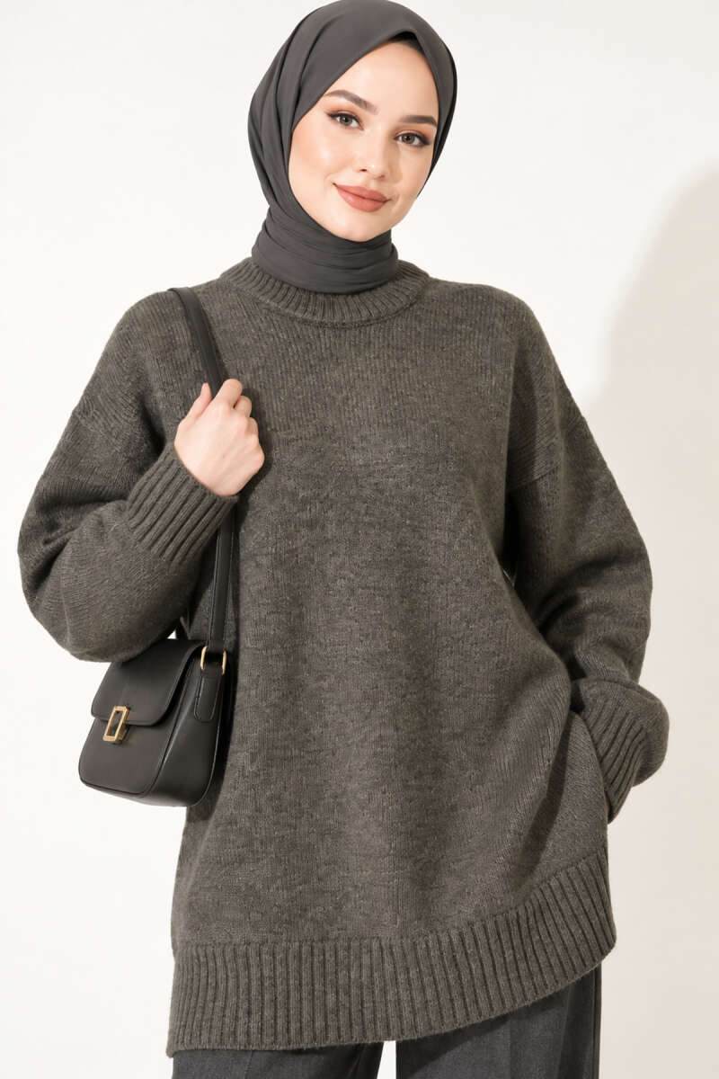 Oversized Ribbed Knit Tunic - Khaki