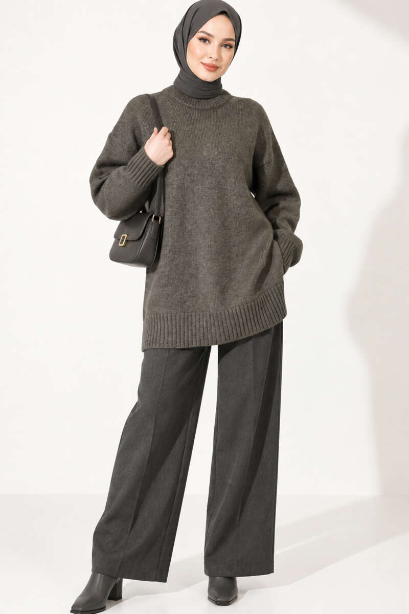 Oversized Ribbed Knit Tunic - Khaki