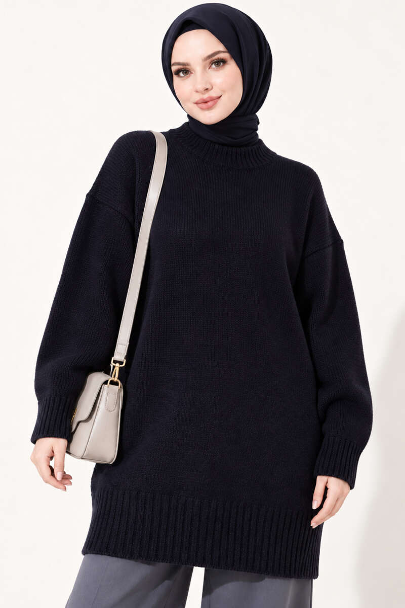 Oversized Ribbed Knit Tunic - Navy
