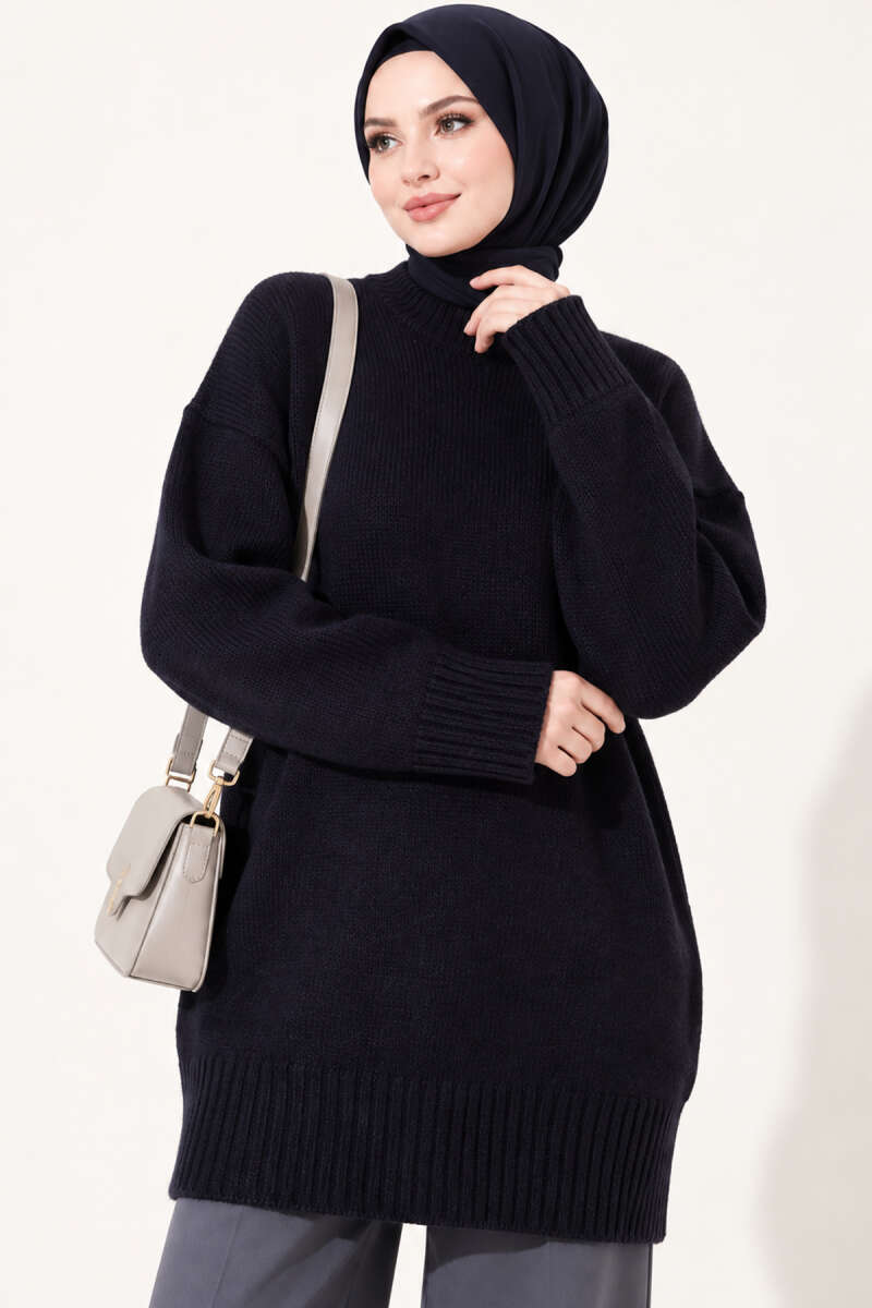 Oversized Ribbed Knit Tunic - Navy