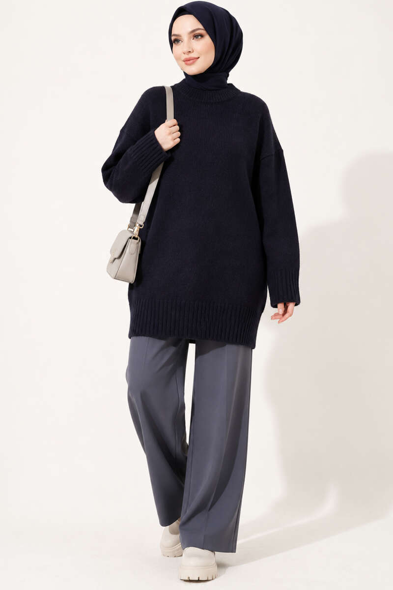Oversized Ribbed Knit Tunic - Navy