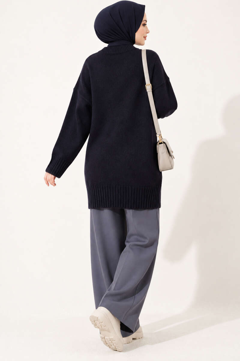 Oversized Ribbed Knit Tunic - Navy