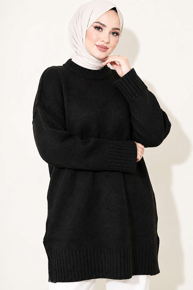 Oversized Ribbed Knit Tunic - Black