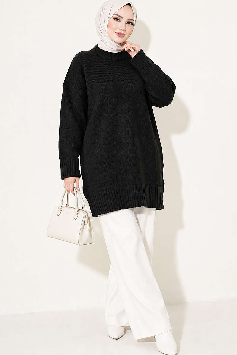 Oversized Ribbed Knit Tunic - Black