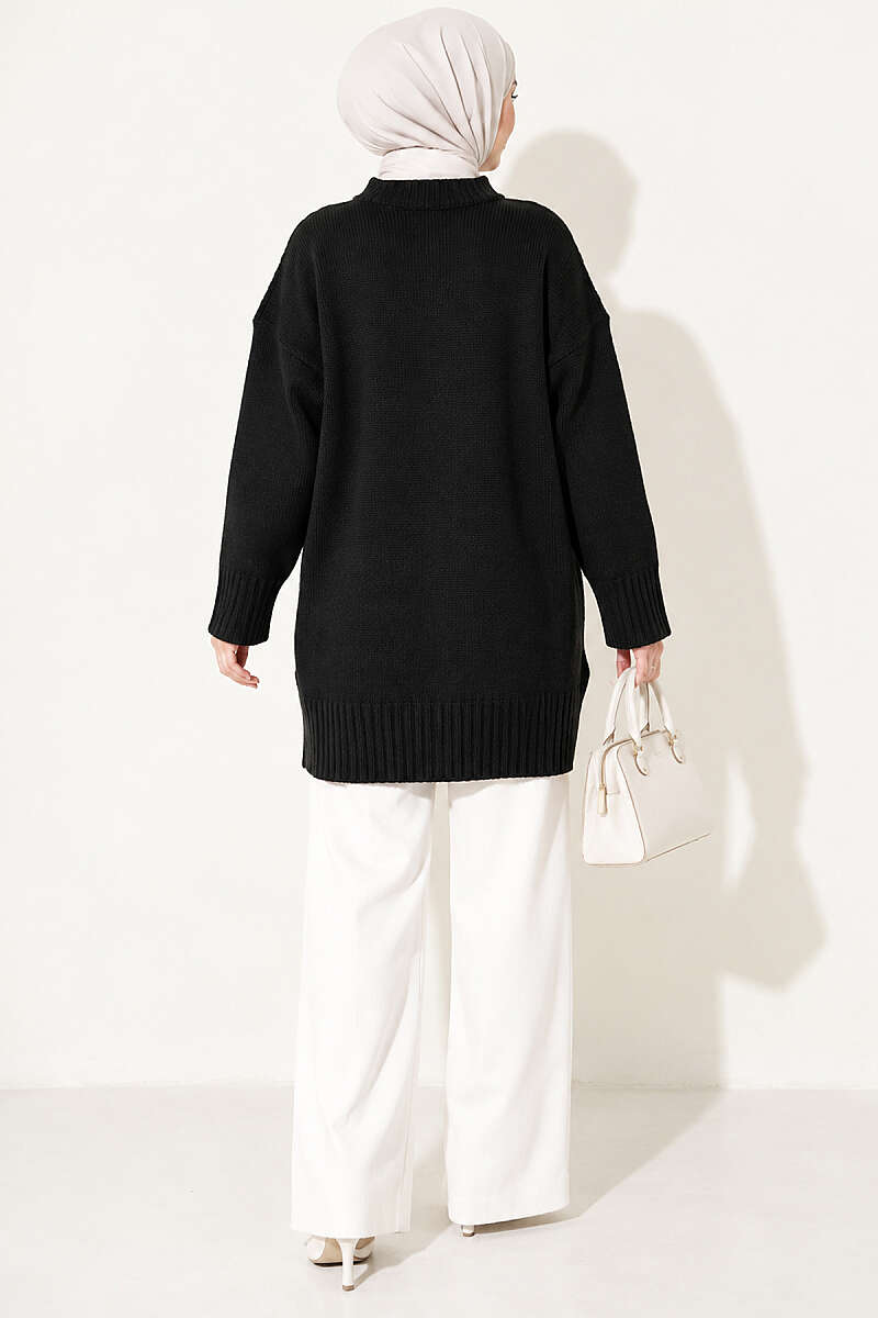 Oversized Ribbed Knit Tunic - Black