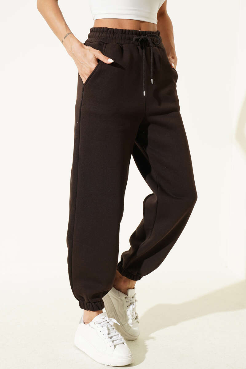 Fleece-Lined Trousers with Elastic Waist and Hem - Brown