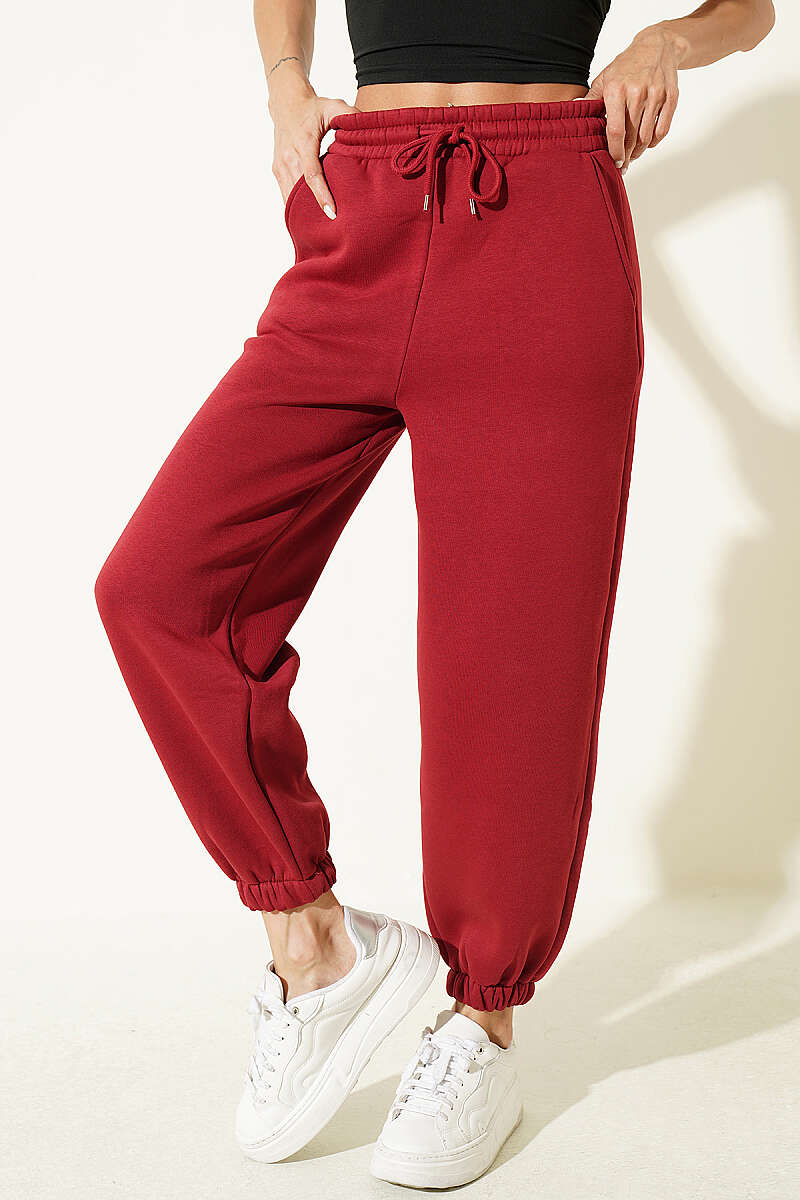 Fleece-Lined Trousers with Elastic Waist and Hem - Red