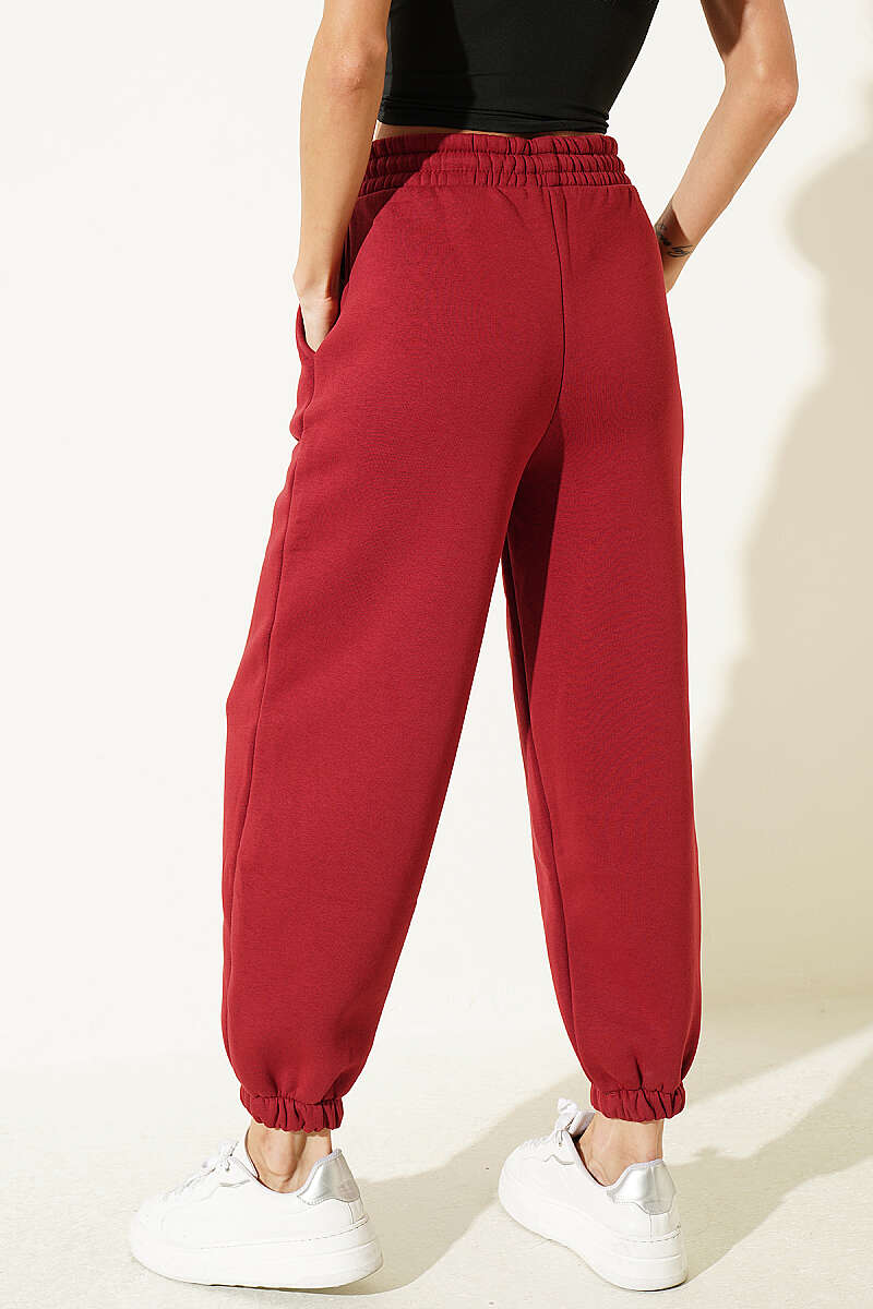 Fleece-Lined Trousers with Elastic Waist and Hem - Red