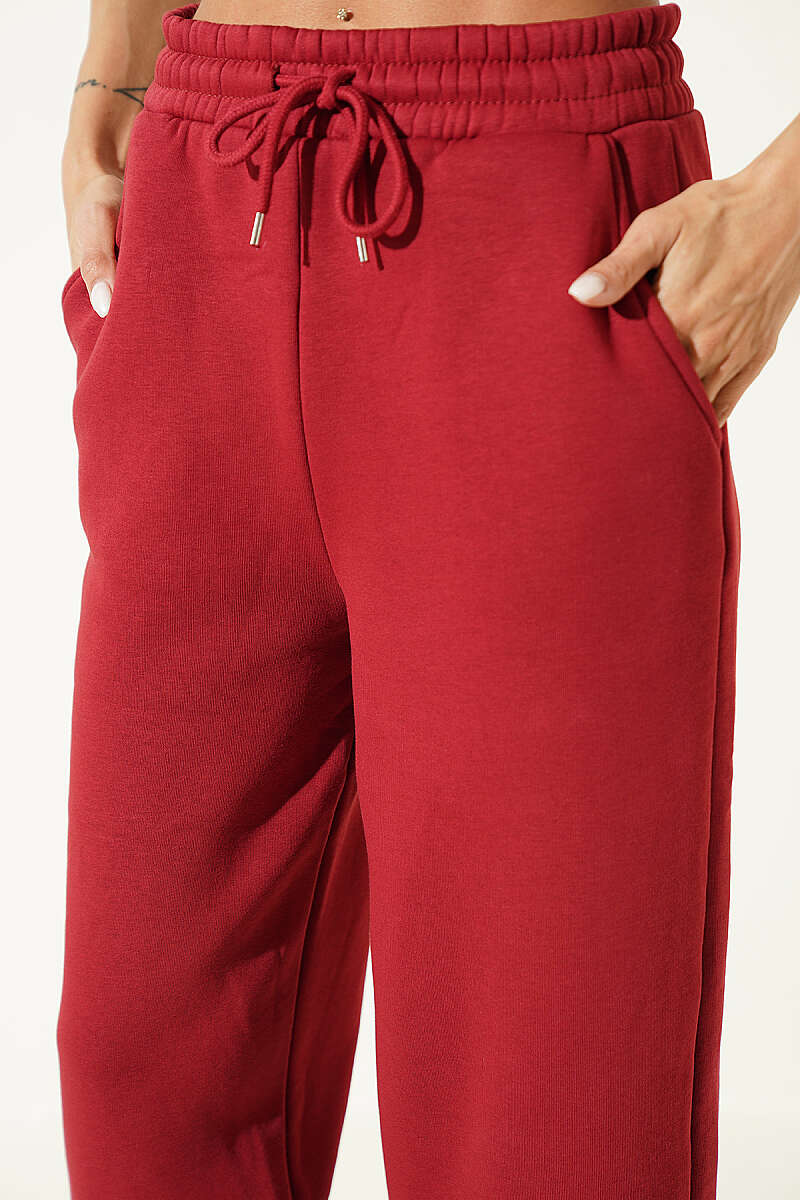 Fleece-Lined Trousers with Elastic Waist and Hem - Red