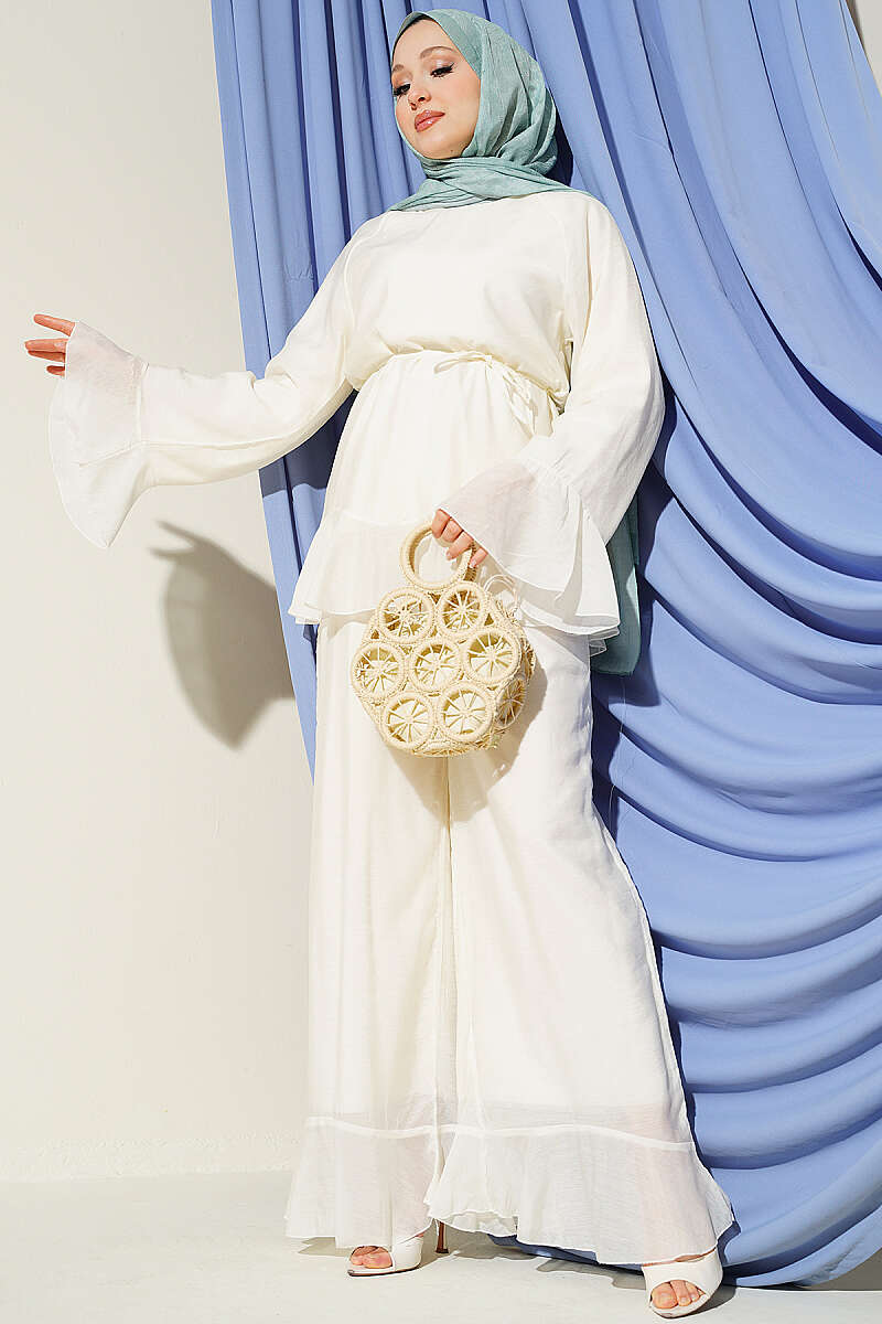 Two-Piece Set with Ruffled Hems and Cord Belt - Ecru